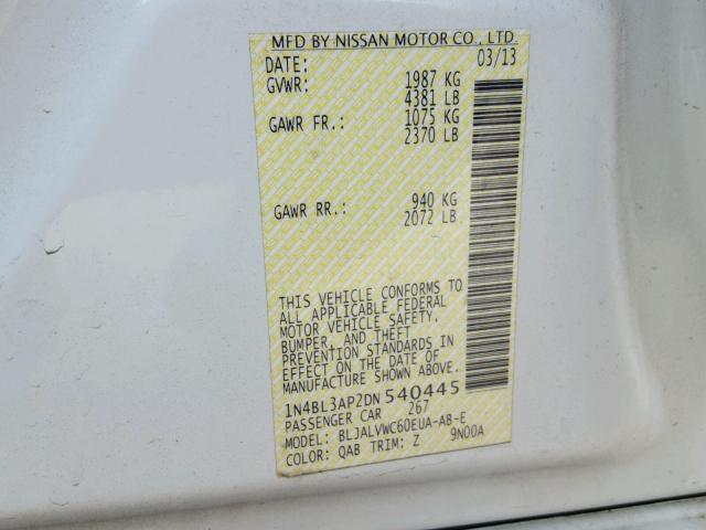 1N4BL3AP2DN540445 - 2013 NISSAN ALTIMA 3.5 WHITE photo 10