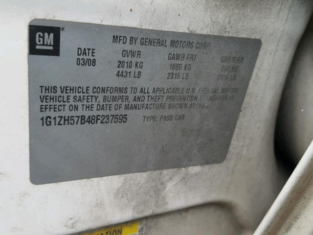 1G1ZH57B48F237595 - 2008 CHEVROLET MALIBU 1LT WHITE photo 10