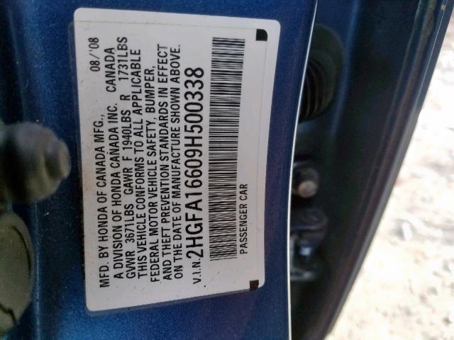 2HGFA16609H500338 - 2009 HONDA CIVIC LX-S Կապույտ լուսանկար 10