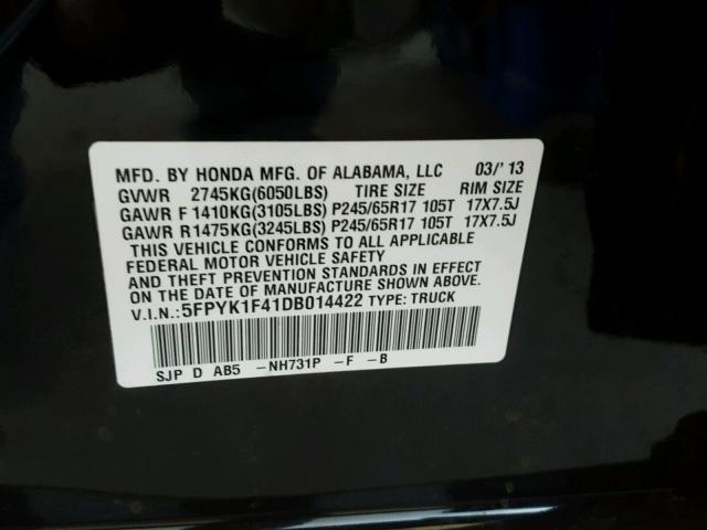 5FPYK1F41DB014422 - 2013 HONDA RIDGELINE BLACK photo 10