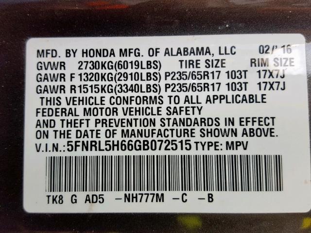 5FNRL5H66GB072515 - 2016 HONDA ODYSSEY EX GRAY photo 10