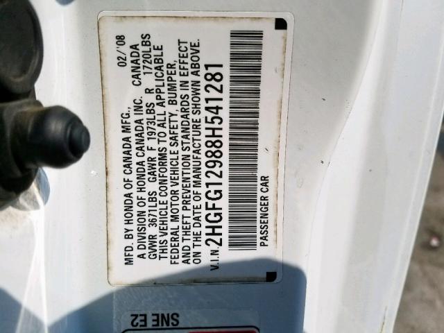 2HGFG12988H541281 - 2008 HONDA CIVIC EXL 白色 照片 10