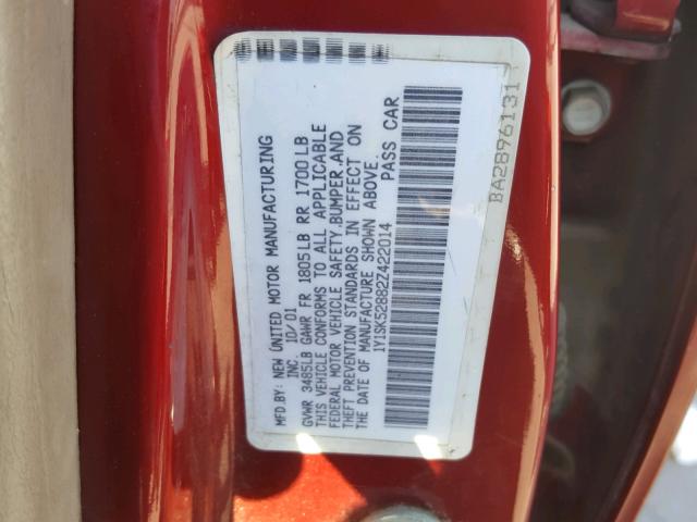 1Y1SK52882Z422014 - 2002 CHEVROLET GEO PRIZM RED photo 10