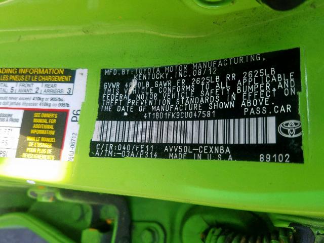 4T1BD1FK9CU047581 - 2012 TOYOTA CAMRY HYBR GREEN photo 10