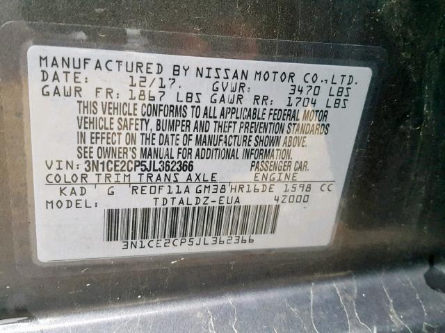 3N1CE2CP5JL362366 - 2018 NISSAN VERSA NOTE GRAY photo 10