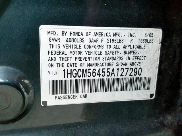 1HGCM56455A127290 - 2005 HONDA ACCORD LX GREEN photo 10