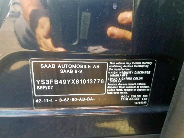 YS3FB49YX81013776 - 2008 SAAB 9-3 2.0T BLUE photo 10