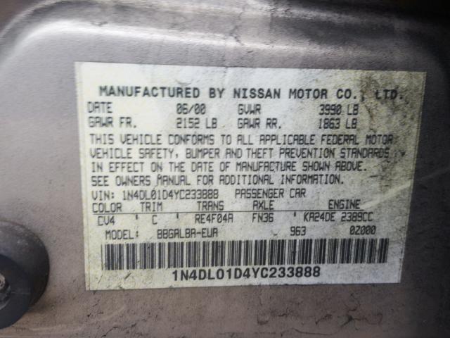 1N4DL01D4YC233888 - 2000 NISSAN ALTIMA XE BEIGE photo 10