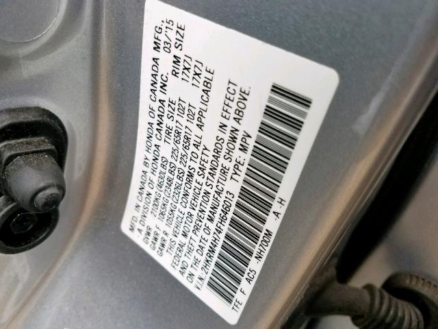 2HKRM4H74FH646013 - 2015 HONDA CR-V EXL SILVER photo 10