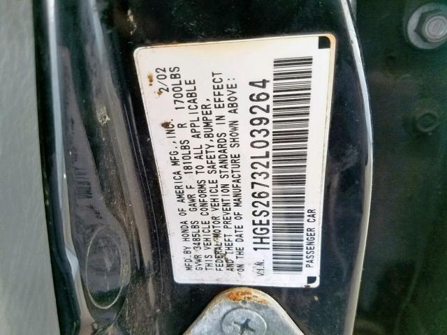 1HGES26732L039264 - 2002 HONDA CIVIC EX BLACK photo 10