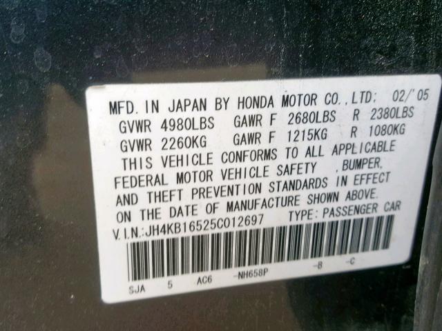 JH4KB16525C012697 - 2005 ACURA RL GRAY photo 10