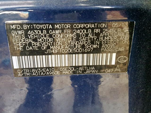 JTHBF1D20E5001697 - 2014 LEXUS IS 250 BLUE photo 10