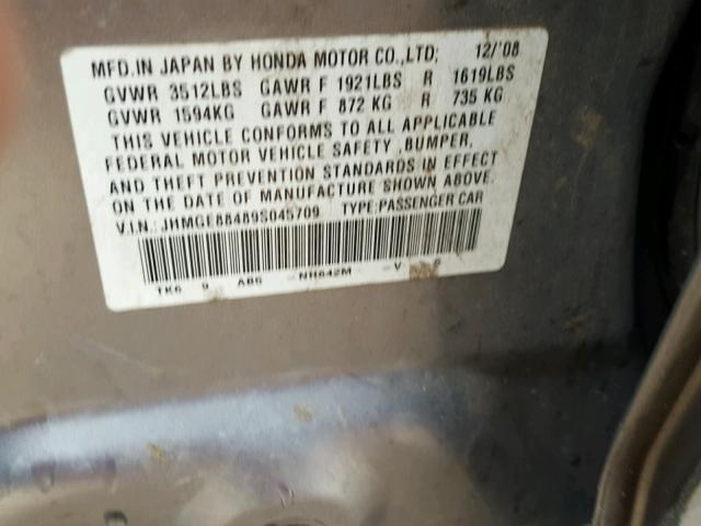 JHMGE88489S045709 - 2009 HONDA FIT SPORT SILVER photo 10