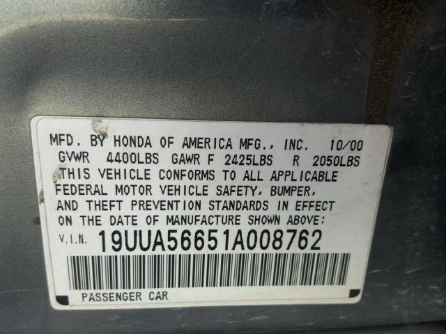 19UUA56651A008762 - 2001 ACURA 3.2TL GRAY photo 10