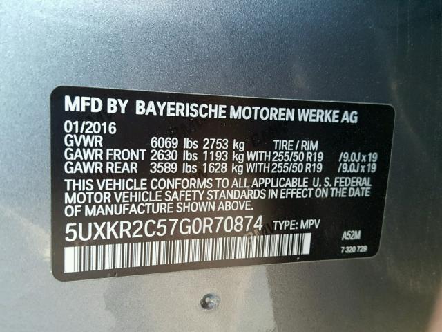 5UXKR2C57G0R70874 - 2016 BMW X5 SDRIVE3 GRAY photo 10