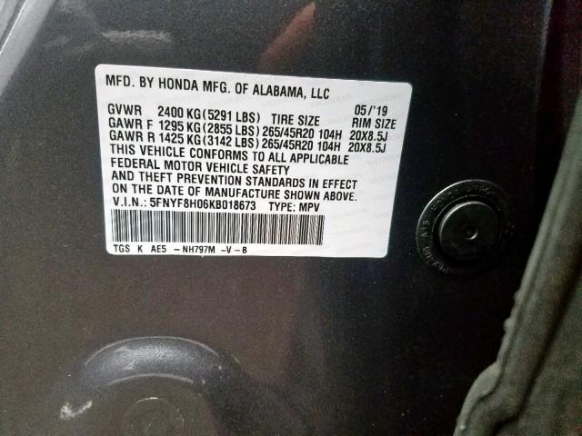 5FNYF8H06KB018673 - 2019 HONDA PASSPORT E 灰色 照片 10