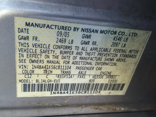 1N4BA41E56C811104 - 2006 NISSAN MAXIMA SE GRAY photo 10