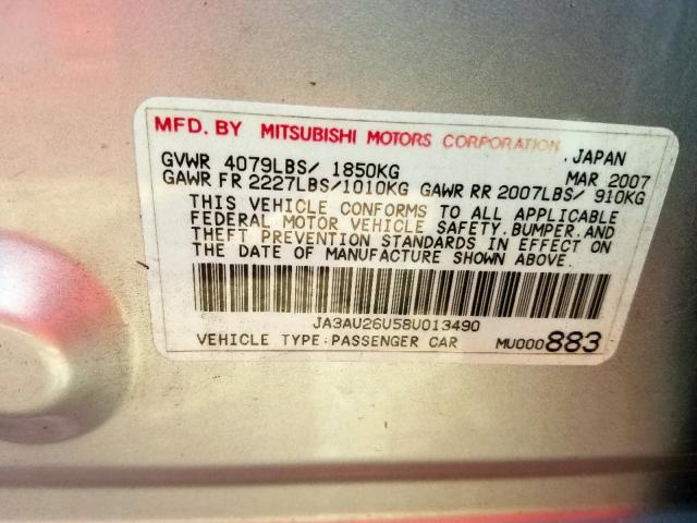 JA3AU26U58U013490 - 2008 MITSUBISHI LANCER ES WHITE photo 10