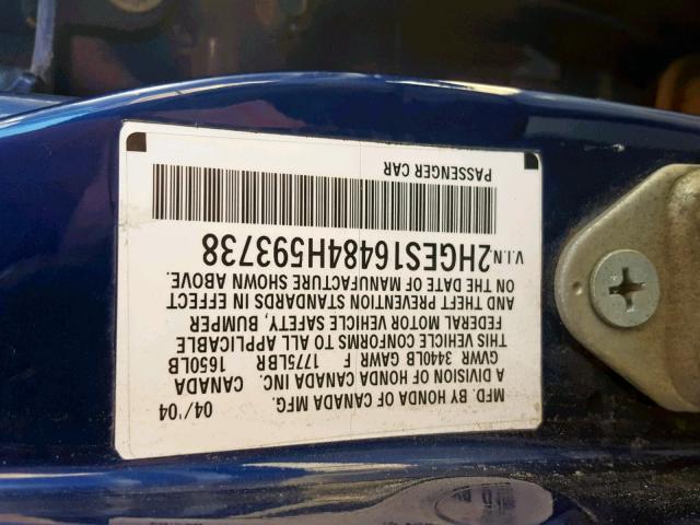 2HGES16484H593738 - 2004 HONDA CIVIC DX BLUE photo 10