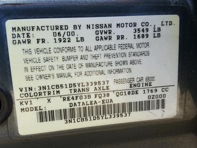 3N1CB51D5YL339537 - 2000 NISSAN SENTRA BAS GRAY photo 10