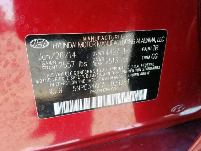 5NPE34AF7FH029384 - 2015 HYUNDAI SONATA SPO RED photo 10