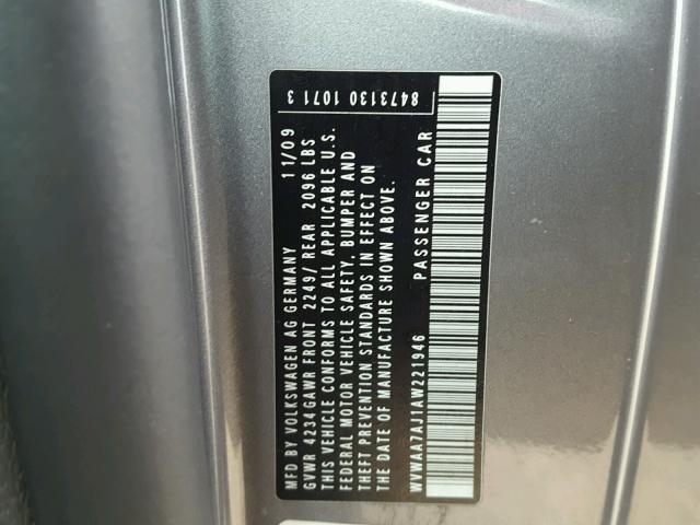 WVWAA7AJ1AW221946 - 2010 VOLKSWAGEN GOLF 灰色 照片 10