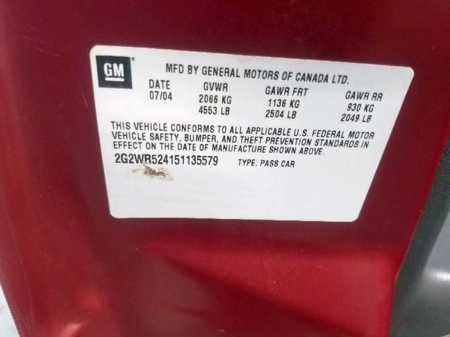 2G2WR524151135579 - 2005 PONTIAC GRAND PRIX RED photo 10