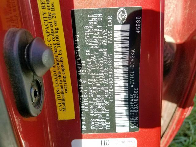 4T1BE46KX9U394845 - 2009 TOYOTA CAMRY BASE RED photo 10