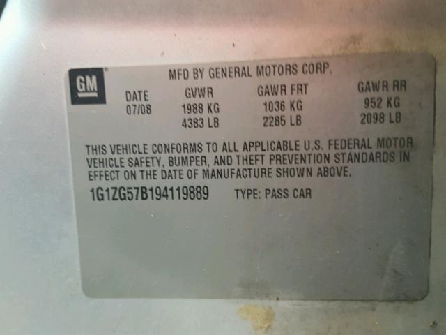 1G1ZG57B194119889 - 2009 CHEVROLET MALIBU LS 银色 照片 10