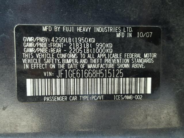 JF1GE61668H515125 - 2008 SUBARU IMPREZA 2. GRAY photo 10