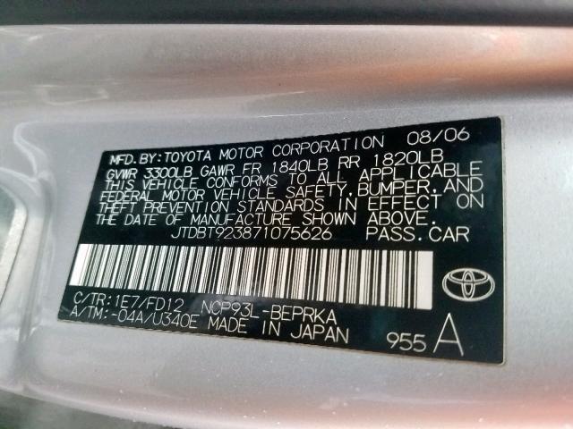 JTDBT923871075626 - 2007 TOYOTA YARIS SILVER photo 10