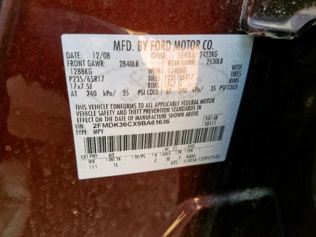 2FMDK36CX9BA61636 - 2009 FORD EDGE SE MAROON photo 10