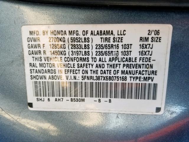 5FNRL387X6B075168 - 2006 HONDA ODYSSEY EX BLUE photo 10