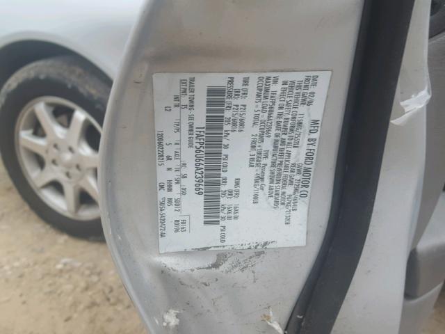 1FAFP56U66A239669 - 2006 FORD TAURUS SEL GRAY photo 10