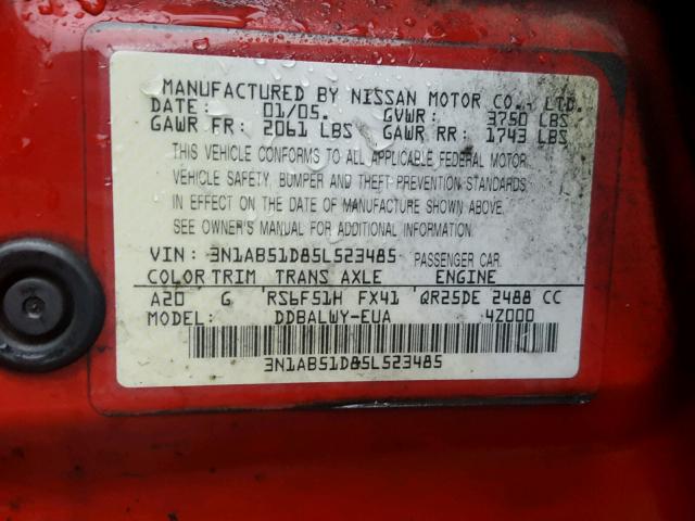 3N1AB51D85L523485 - 2005 NISSAN SENTRA SE- RED photo 10