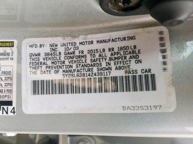 5Y2SL62814Z439117 - 2004 PONTIAC VIBE SILVER photo 10