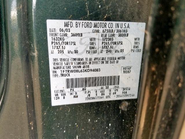 1FTRW08L63KD94083 - 2003 FORD F150 SUPER GREEN photo 10