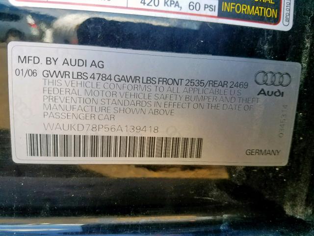 WAUKD78P56A139418 - 2006 AUDI A3 S-LINE BLACK photo 10