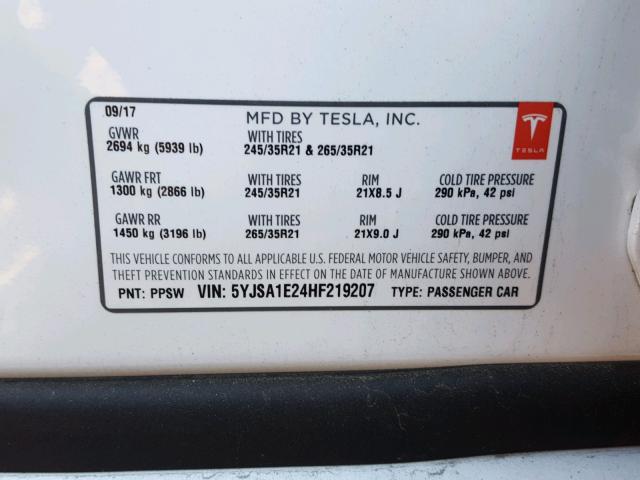 5YJSA1E24HF219207 - 2017 TESLA MODEL S Սպիտակ լուսանկար 10