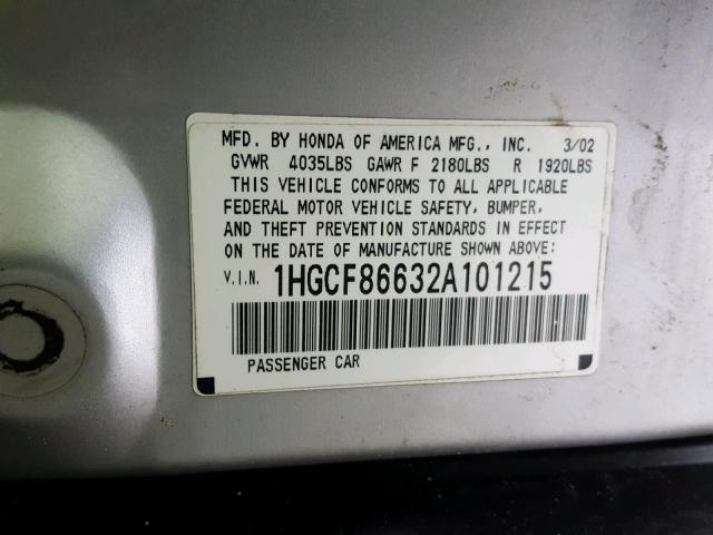 1HGCF86632A101215 - 2002 HONDA ACCORD VAL SILVER photo 10