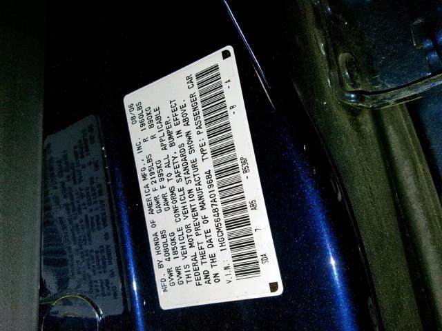 1HGCM56487A019684 - 2007 HONDA ACCORD LX BLUE photo 10