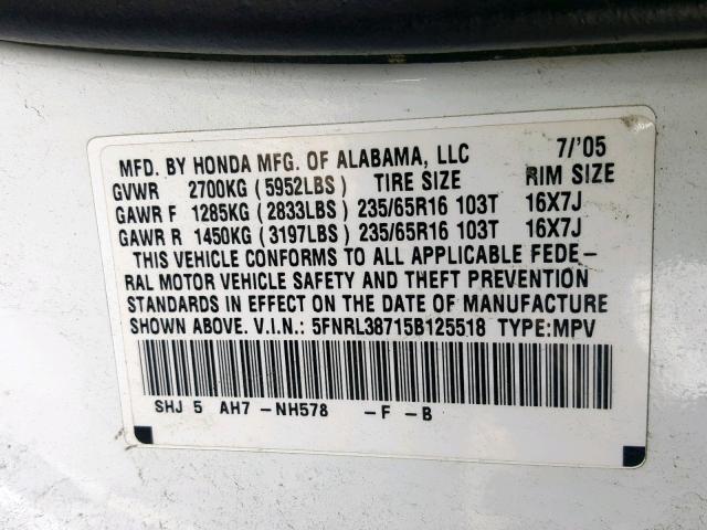 5FNRL38715B125518 - 2005 HONDA ODYSSEY EX WHITE photo 10