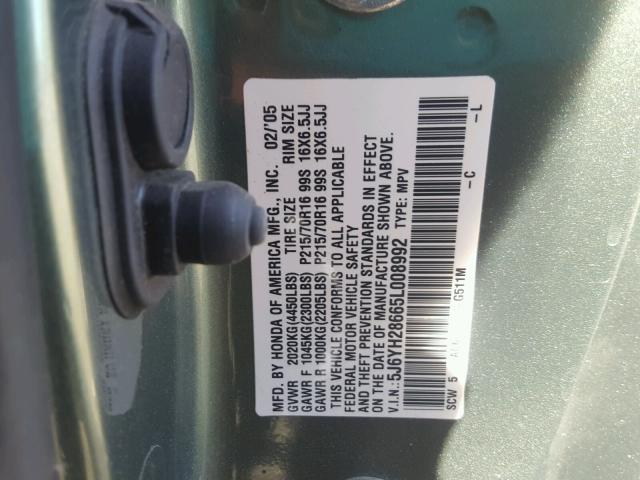 5J6YH28665L008992 - 2005 HONDA ELEMENT EX GREEN photo 10