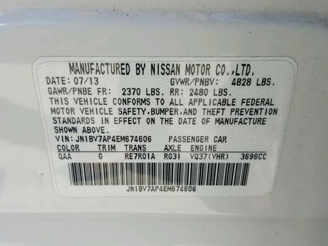 JN1BV7AP4EM674606 - 2014 INFINITI Q50 BASE WHITE photo 10