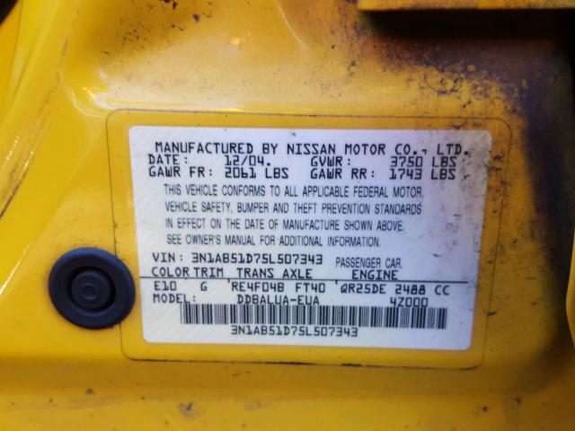 3N1AB51D75L507343 - 2005 NISSAN SENTRA SE- YELLOW photo 10