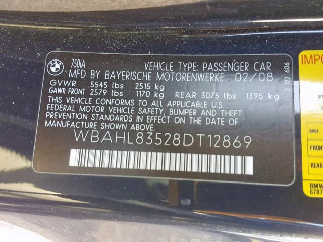 WBAHL83528DT12869 - 2008 BMW 750 I BLUE photo 10