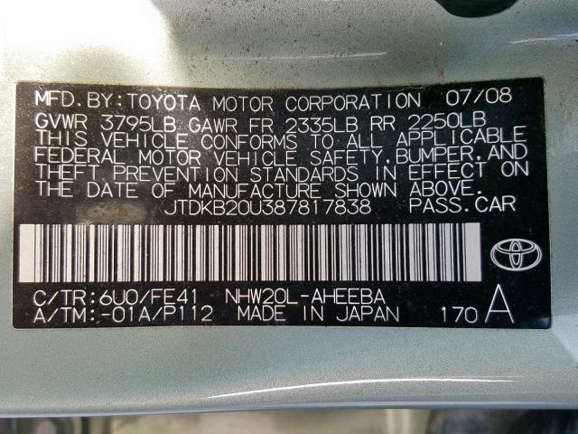 JTDKB20U387817838 - 2008 TOYOTA PRIUS GREEN photo 10