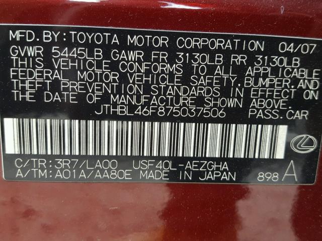 JTHBL46F875037506 - 2007 LEXUS LS 460 MAROON photo 10