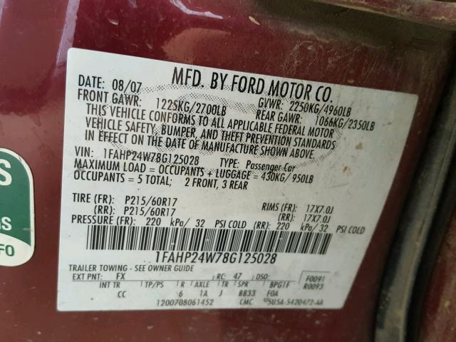 1FAHP24W78G125028 - 2008 FORD TAURUS SEL MAROON photo 10