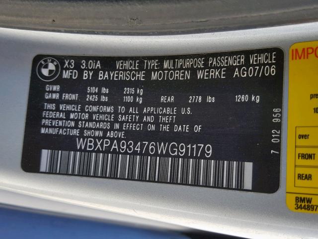 WBXPA93476WG91179 - 2006 BMW X3 3.0I SILVER photo 10